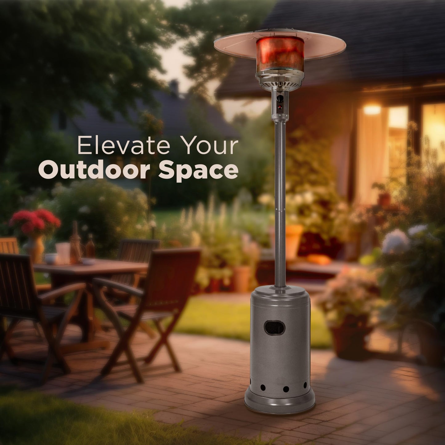Amazon Basics 46,000 BTU Portable Outdoor Propane Patio Heater with Wheels, Commercial & Residential with Water Tank, Adjustable Heat Output, 9-Foot Radius, Slate Gray, 32.1"L x 32.1"W x 91.3"H