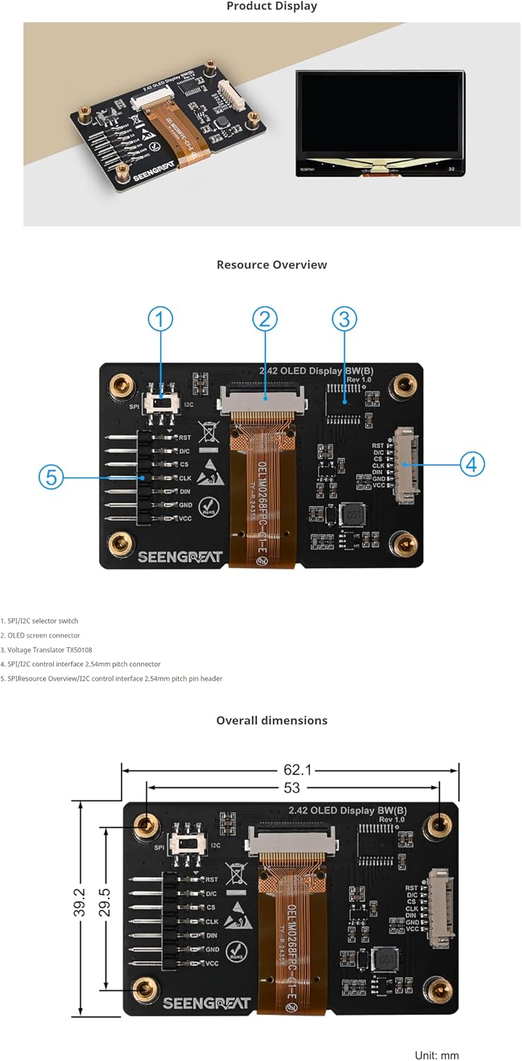 xicoolee 2.42inch 128x64 SPI/I2C Communication, SSD1309 OLED Display Module - Resolution, Compatible with Raspberry Pi