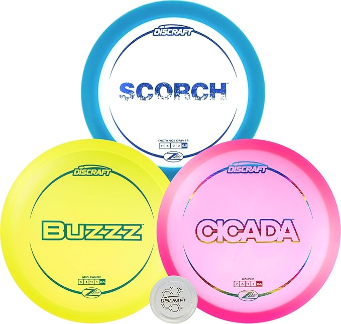 Discraft Z Lite 3-Pack - Premium Disc Golf Set with Cicada, Scorch, & Buzzz - Lightweight Discs in Varied Foils & Weights + Exclusive Snap Cap