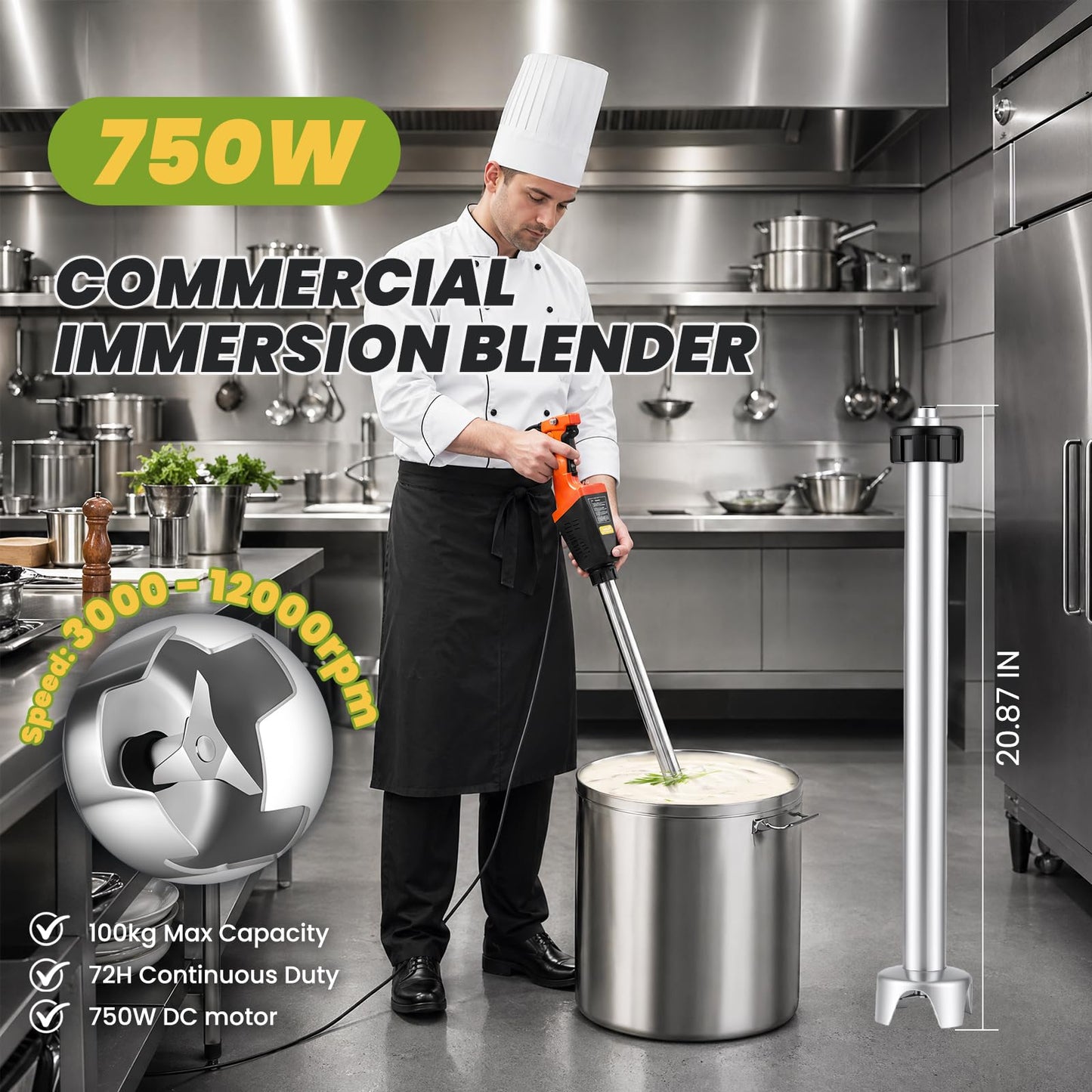 Flyseago 750W Commercial Immersion Blender Brushless DC Variable Speed Motor 12000 RPM Heavy Duty Hand Mixer 21" Removable Shaft 50 Gallon Large Capacity Pro Food Blender for High-Output Kitchens