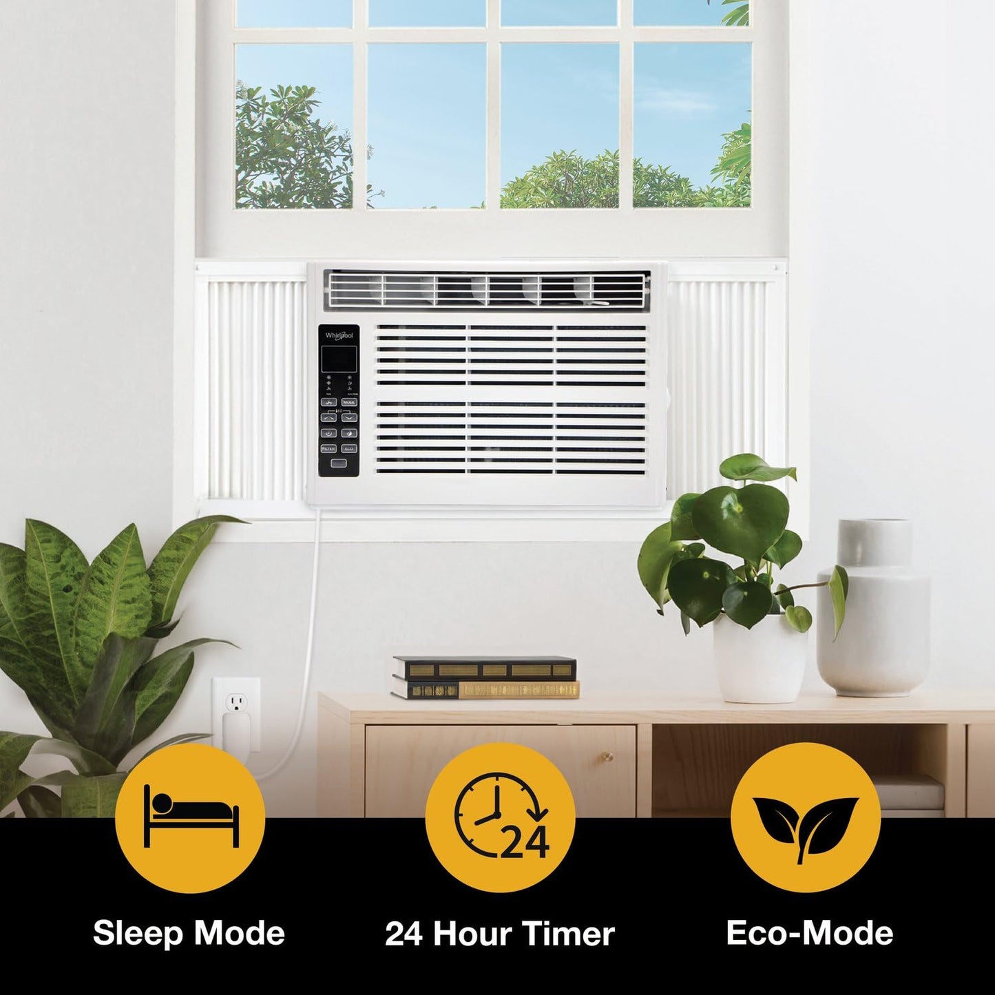 Whirlpool 8,000 BTU Window Air Conditioner with Dehumidifier, 115V, Window AC for Rooms up to 350 Sq. Ft., Living Room, Bedroom, or Apartment, with 3 Speeds, Remote Control, and 24H Timer, White