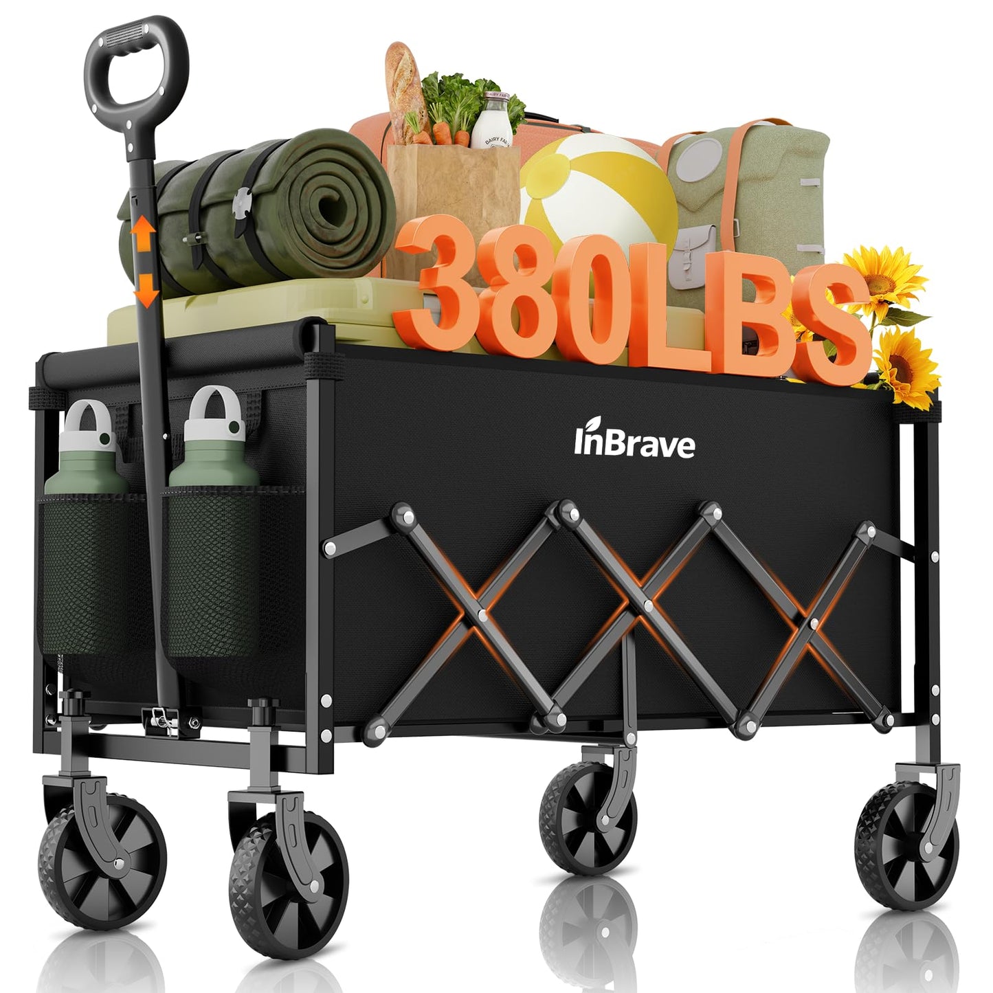 Collapsible Wagon Cart Foldable Beach Wagon with All-Terrain Wheels - 380 LBS Heavy Duty Grocery Cart for Shopping, Beach, Camping, Sports, Garden (Black)