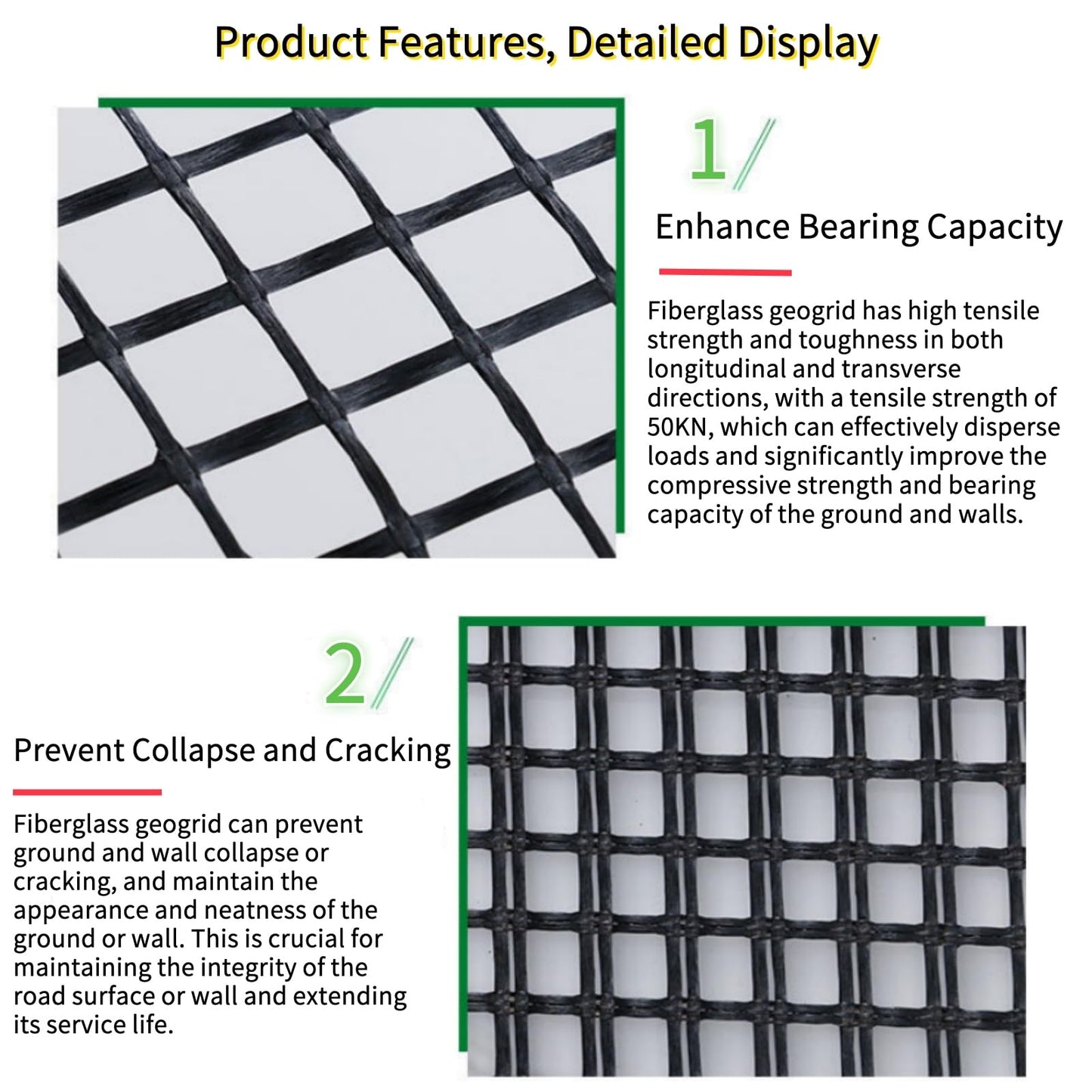 Universal Retaining Wall Geogrid Roll 4' x 98' for walls up to 6 feet in height Fiberglass Geo Grid Tensile Force Value 50KN Soil Reinforcement Slope Reinforcement Pavement Repair and Crack Prevention