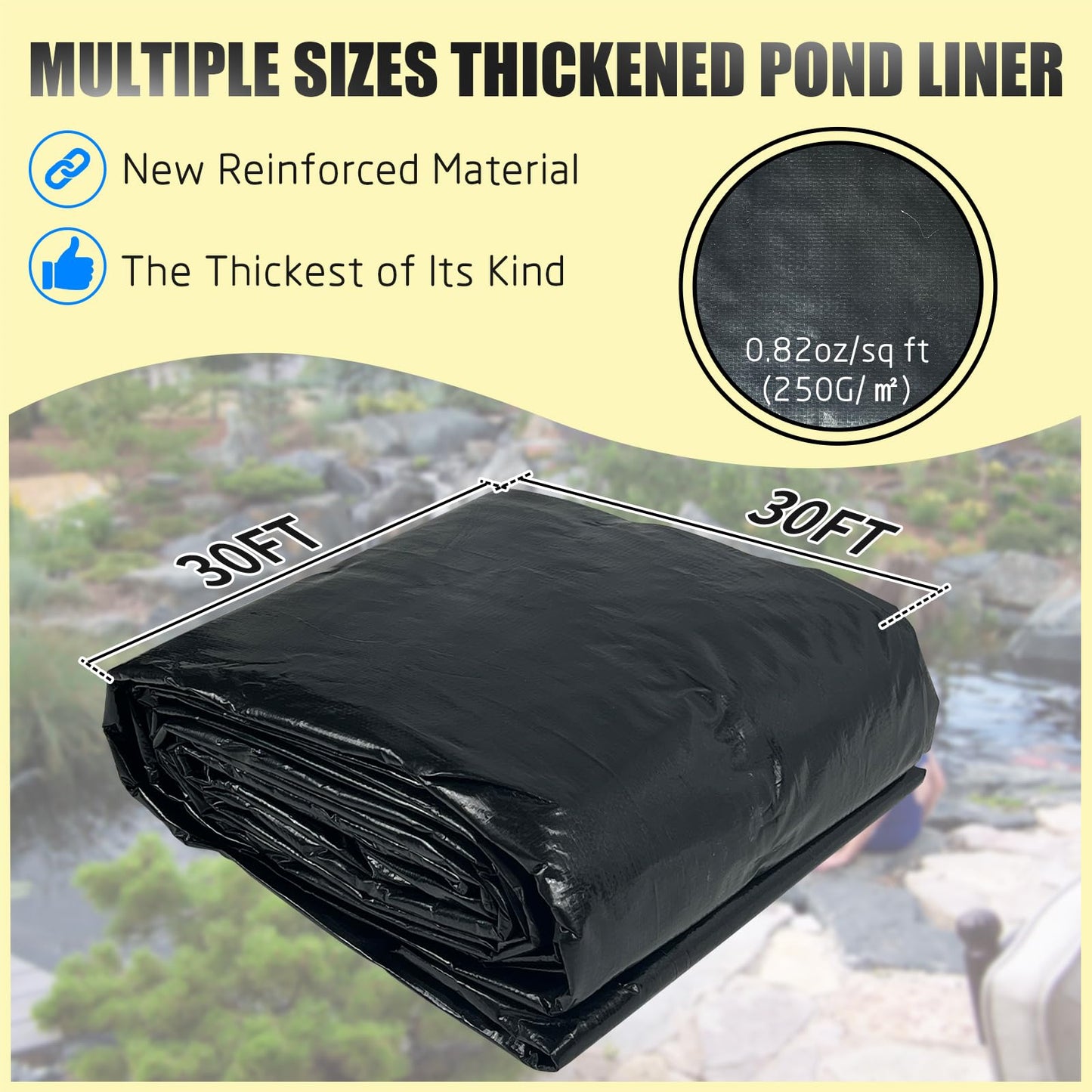 30X30FT Reinforced Large PE Pond Liner, KOI Pond Liners for Outdoor Ponds, Enhanced 5-Layer Structure Pond Liner for Fish, Duck, Garden Raised Bed and Waterscape Pond(0.82oz/sq ft Thickness)