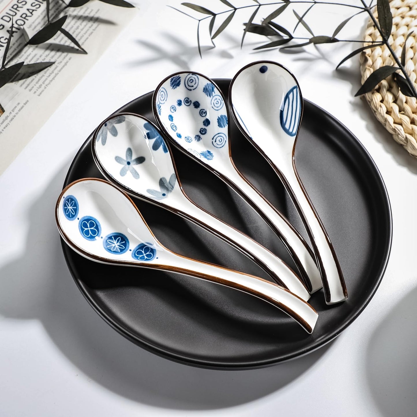 Ceramic Soup Spoons Set of 4 Porcelain Japanese Soup Spoon Long Handle Asian Soup Spoon Sets for Pho Ramen Noodles Wonton Dumpling Rice (Model 6#)