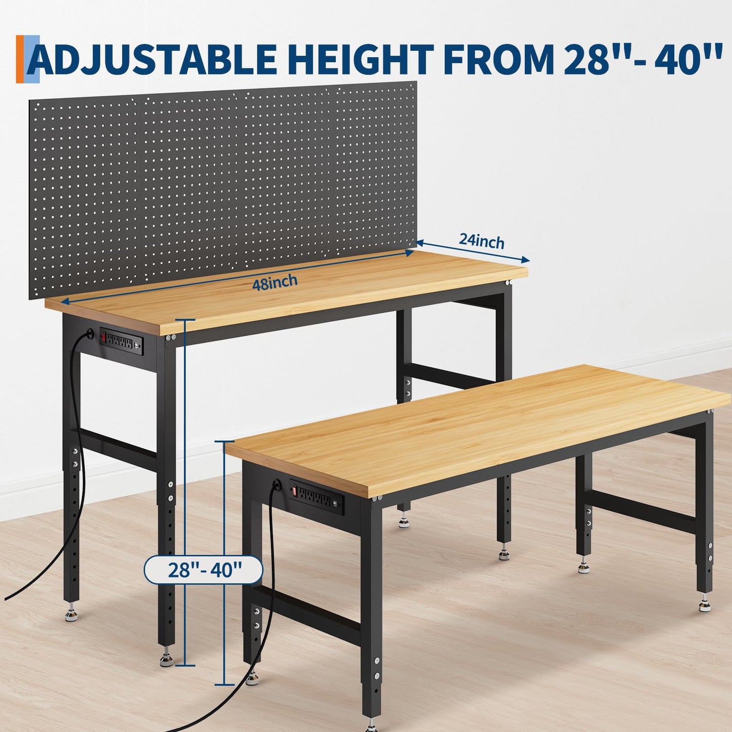 GarveeTech 48" Adjustable Height Garage Workbench, GarveeTech Max. 2000 LBS Capacity Solid Wood Work Bench Table, Heavy Duty Work Station for Garage, Shop, Home, Office
