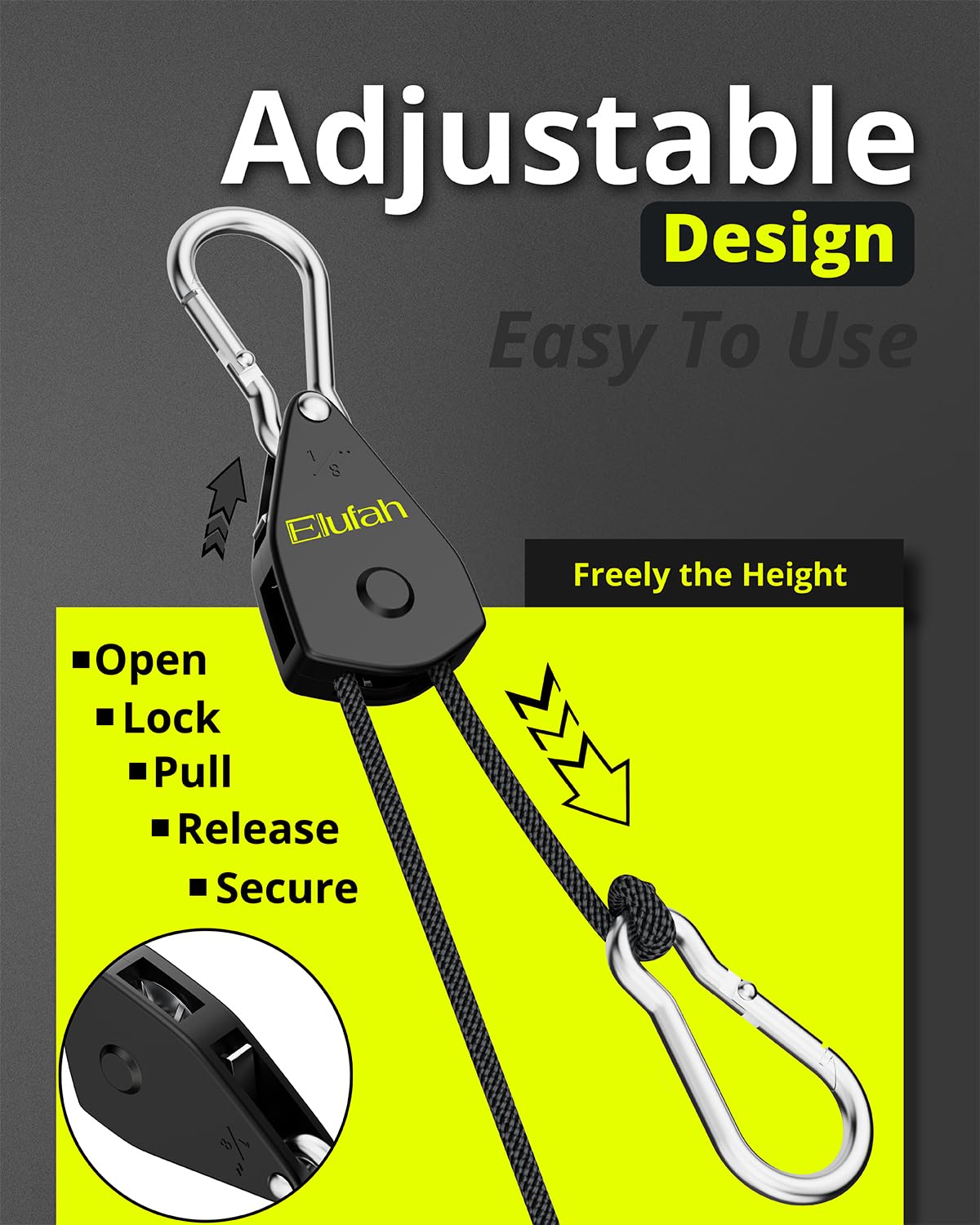ELUFAH Longer 10ft 1/8" Ratchet Straps Hanger Rope Tie-Down Ratchet Outdoor Windproof Rope Roller Adjustable Hanger Grow Light Camping Tent Kayak Paracord 4-Pack