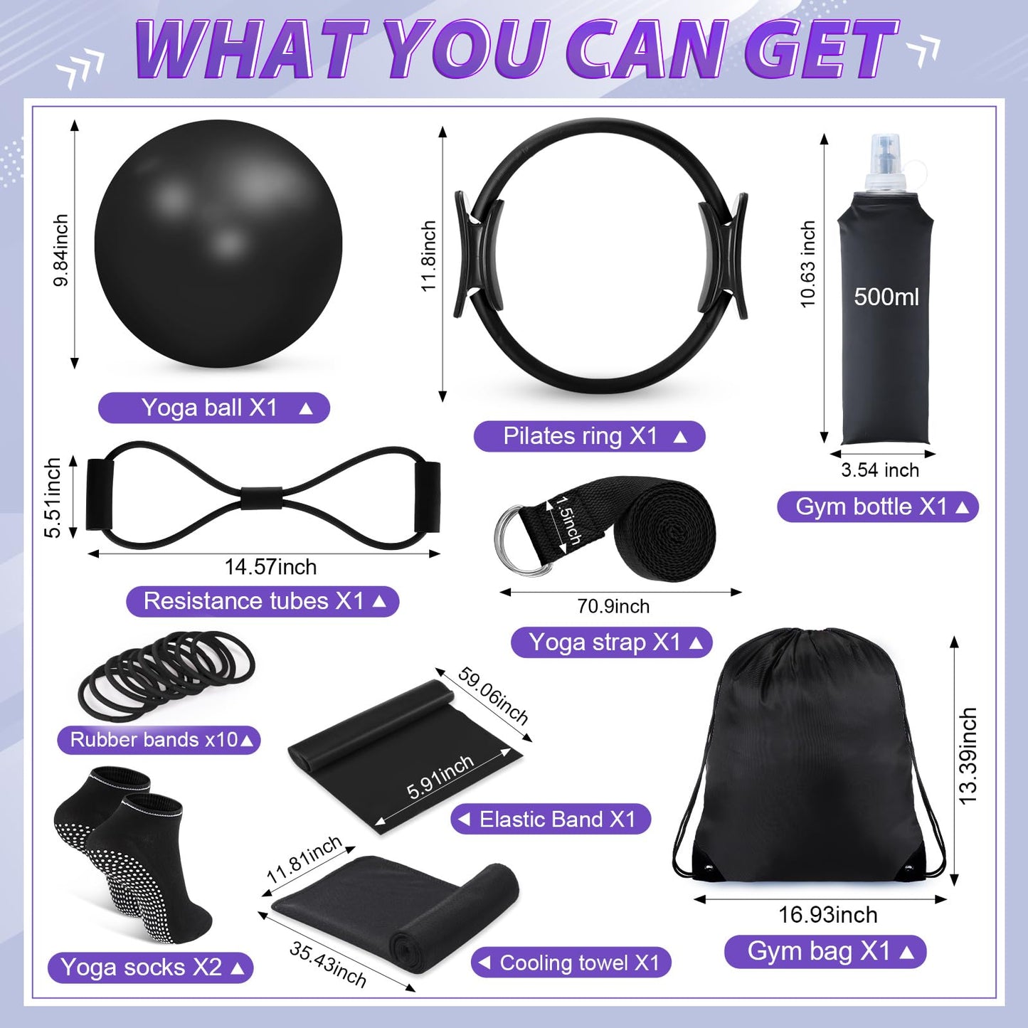 24 Pcs Home Pilates Essentials Kit for Women, Pilates Equipment Ring and Ball Set with Stretching Strap, Water Bottle, Magic Circle, Yoga Ring, Gym Bag, Resistance Band, Anti Slip Socks(Black)