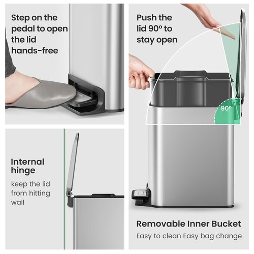 Cesun Stainless Steel Small Bathroom Trash Can - Soft Close Lid & Step Pedal | 6 Liter Mini Bin (Silver)