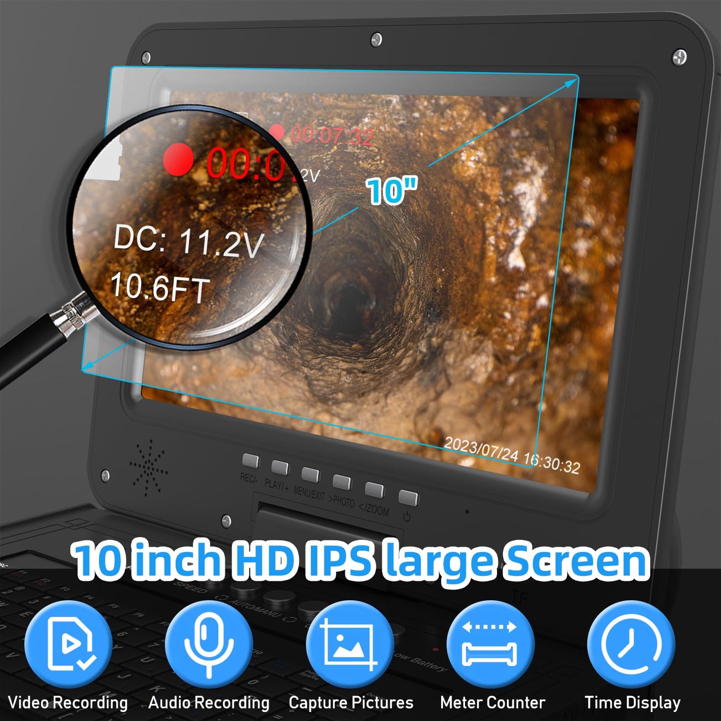 Sanyipace Self-Leveling Sewer Camera 165FT/50M, Drain Inspection Camera with 512Hz Transmitter, Real-Time Distance Counter, 10" IPS Screen Microphone Speaker, 0.27in Rigid Cable, 32GB TF Card Included