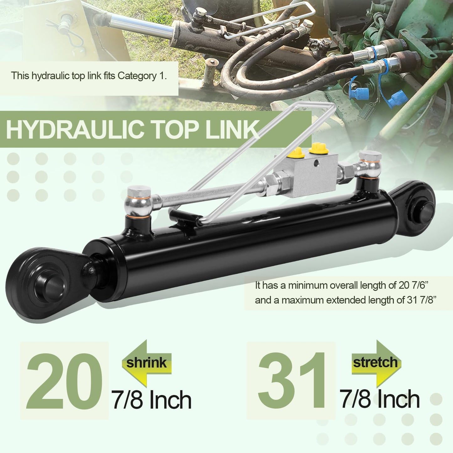 Universal Replacement for Hydraulic Top Link Cat. 1-1 with Block 20 7/8” - 31 7/8” with 2 x Hose and a Dual Check Vavle, Fits for Tractors, Excavators
