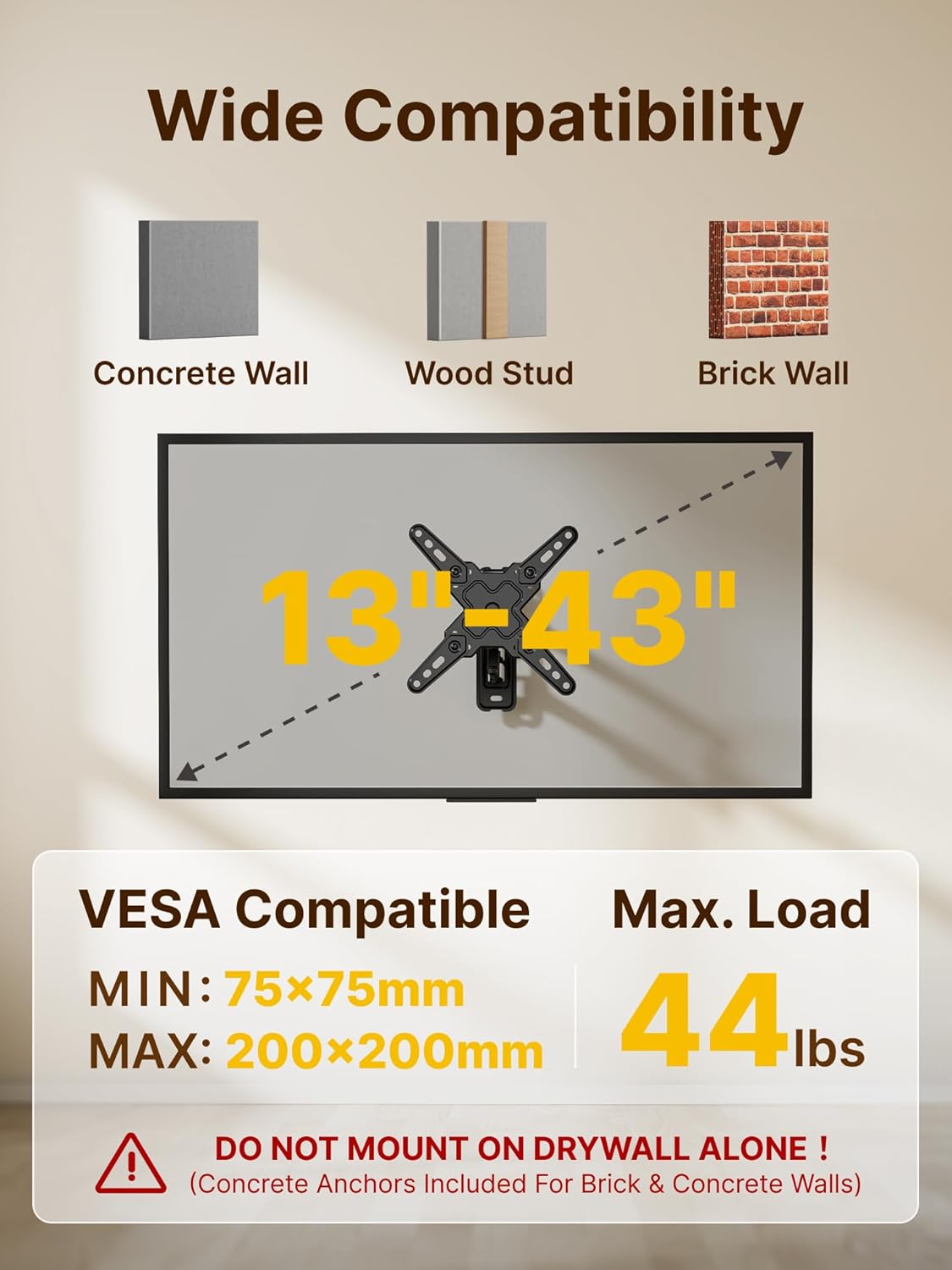 monTEK 13-43 Inch 200x200mm, 44lbs Full Motion TV Wall Mount Bracket for Most LED LCD Flat Screen TVs & Monitors