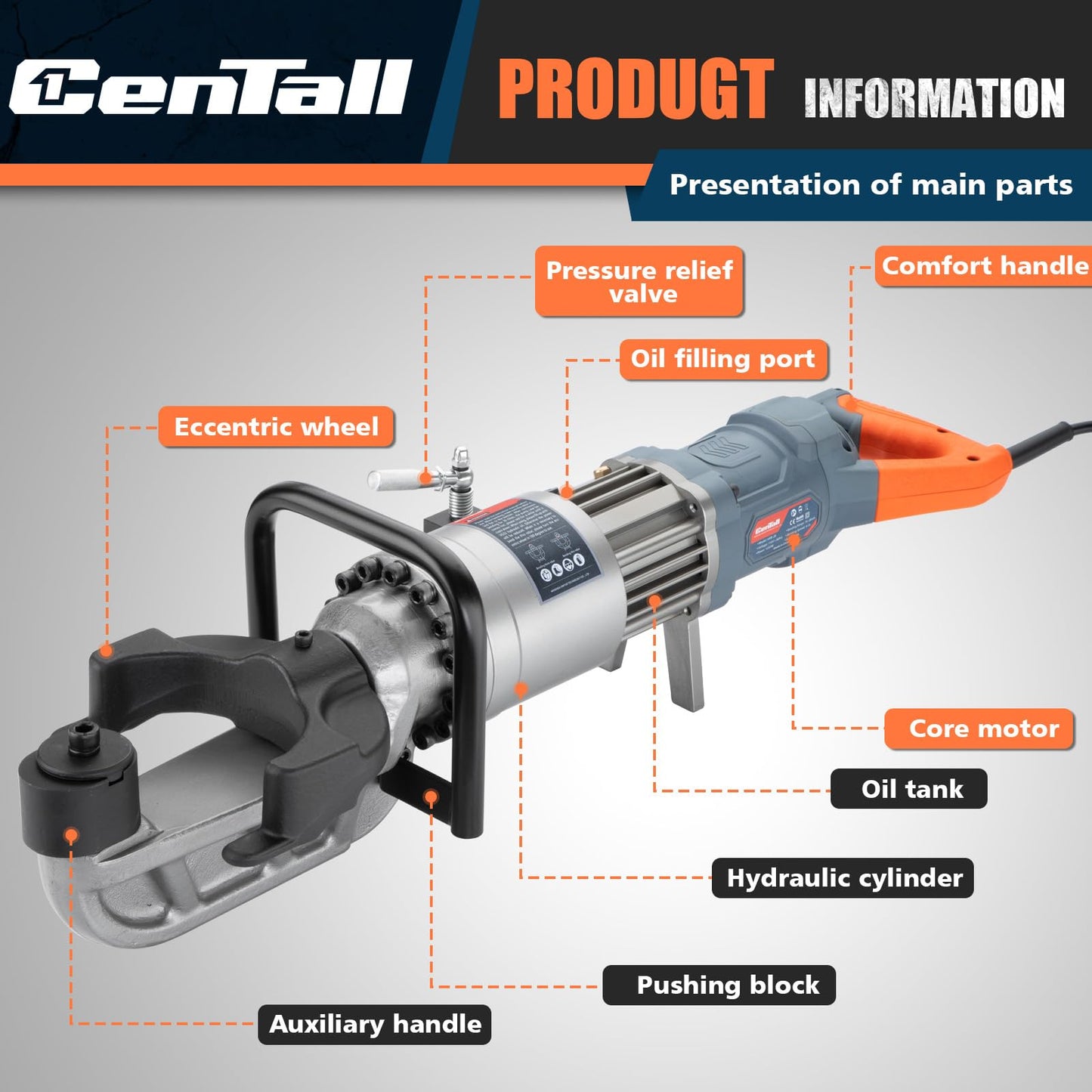 CENTALL Electric Hydraulic Rebar Bender 1250 W Hydraulic Rebar Bending Machine 1.1 Inch 16-28mm Rebar within 3-4 s Easy Bending Rebar Steel Bar HRB28 (Grey + Orange)