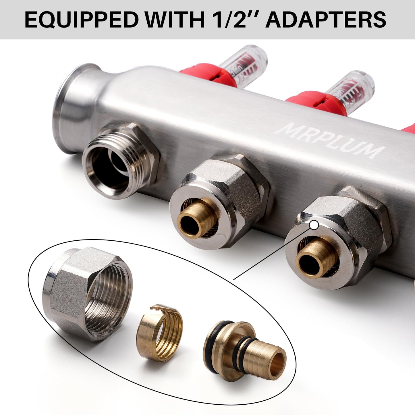 4-Branch Radiant Heat Manifold,MRPLUM Stainless Steel PEX Manifold with Compatible Outlets for Hydronic Radiant Floor Heating (1/2" Adapters included)