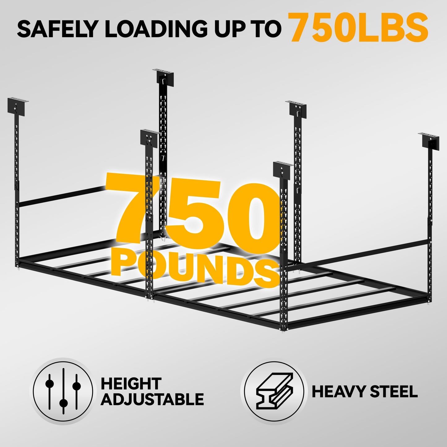STORKING 4x8 Ft Overhead Garage Storage Rack, 28-41 inch Height Adjustable Ceiling Mounted Organization Rack, 750 lbs Weight Capacity, 48"x96" Metal Rack for Garage Storage with Hanging Rods