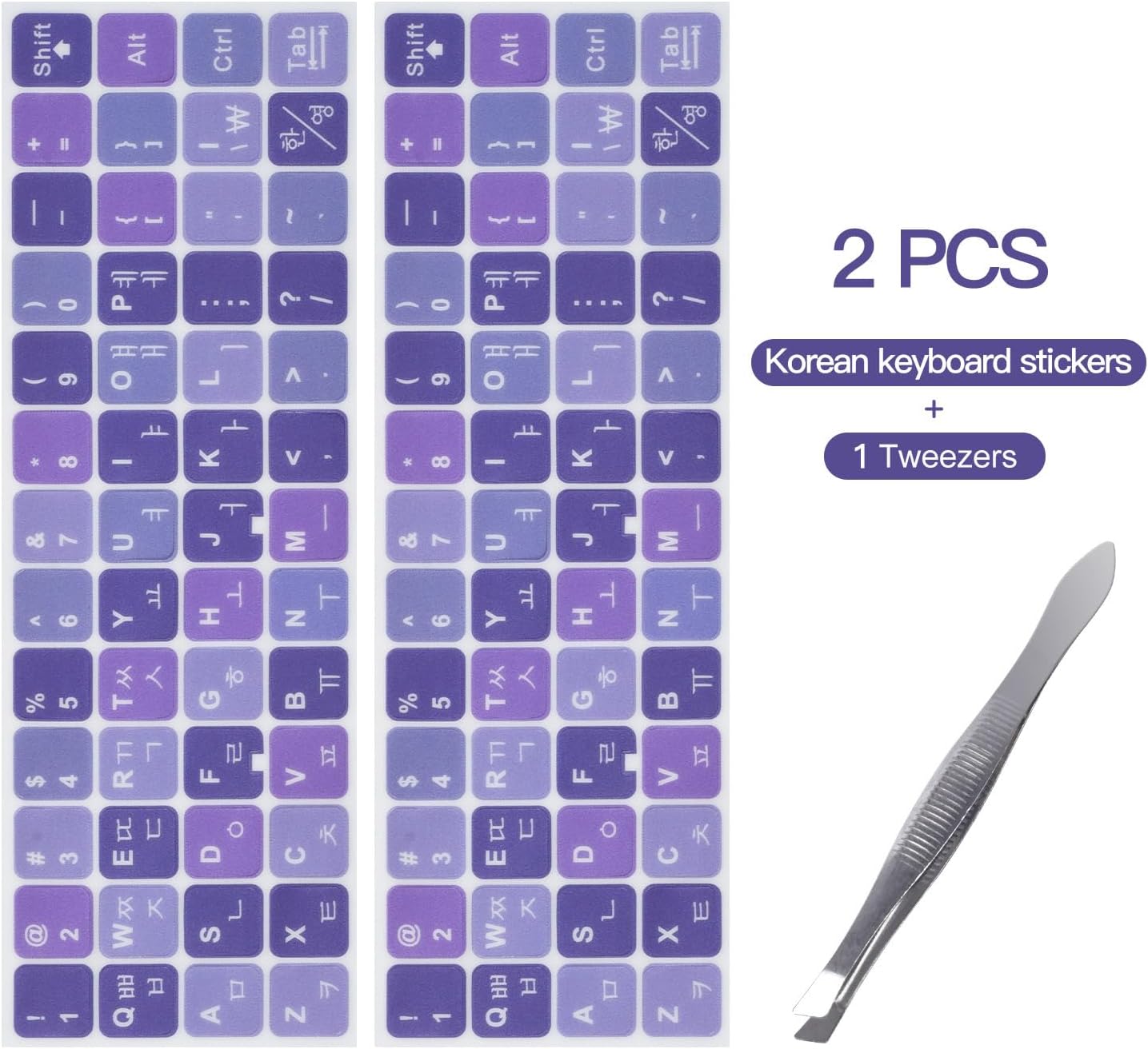 2Pack Korean Keyboard Stickers, Korean-English Keyboard Sticker on Purple Background with White Lettering, Korean