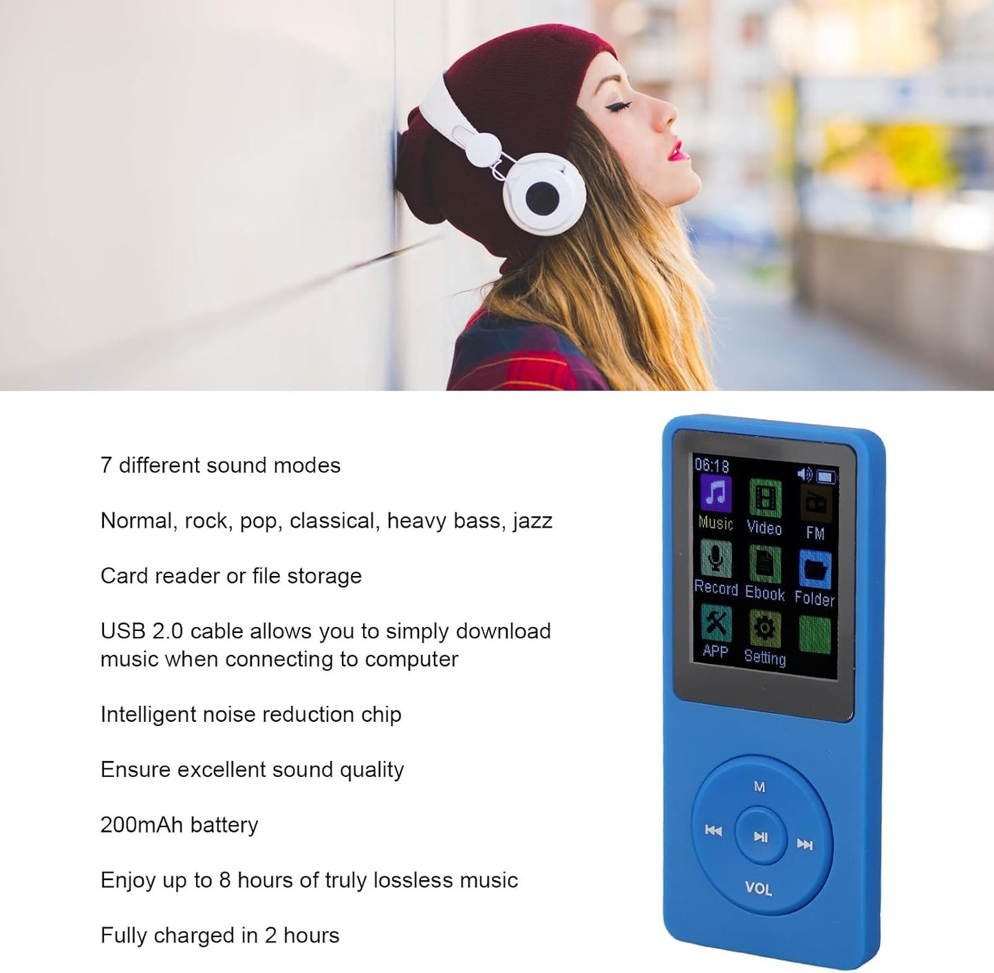 Yunseity MP3 5.0, MP3 1.82in Player with Bluetooth Portable Music Player with Screen, Smart Noise Reduction Digital