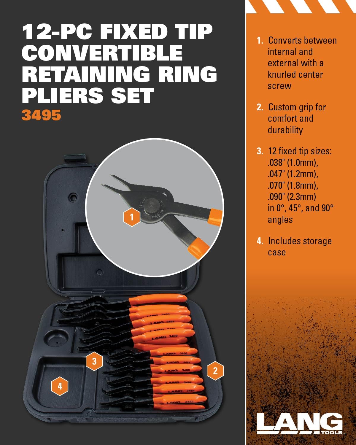 Lang Tools (3495) 12-Piece Fixed Tip Combination Internal/External Snap Ring Pliers Set