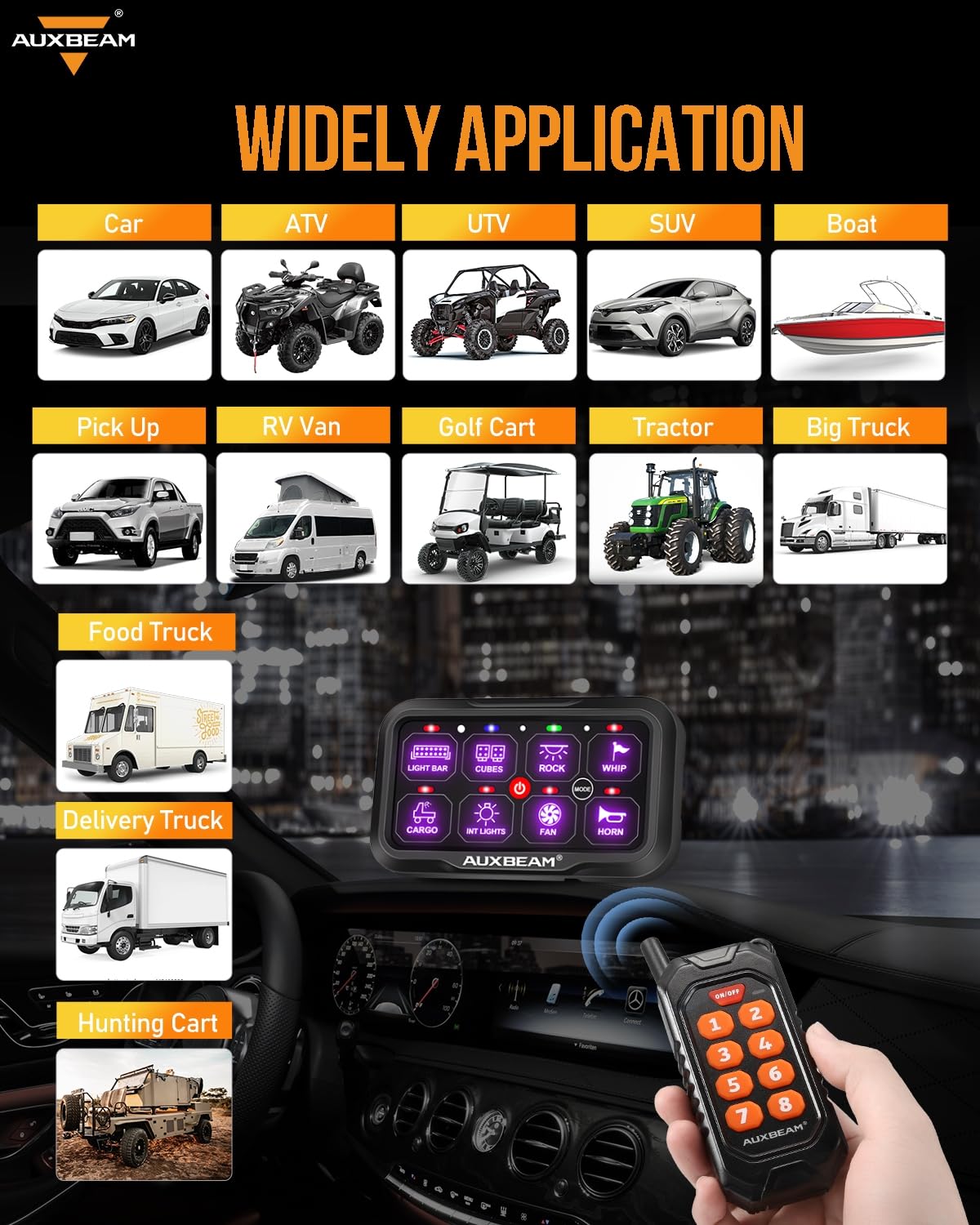 Auxbeam 8 Gang Switch Panel RC-800 RGB Wireless Remote Control Range Up to 165FT Multifunction Switch Pod 3 lighting modes with Backlit Off and Auto Dimmable for RV Offroad Waterproof 3 Years Warranty
