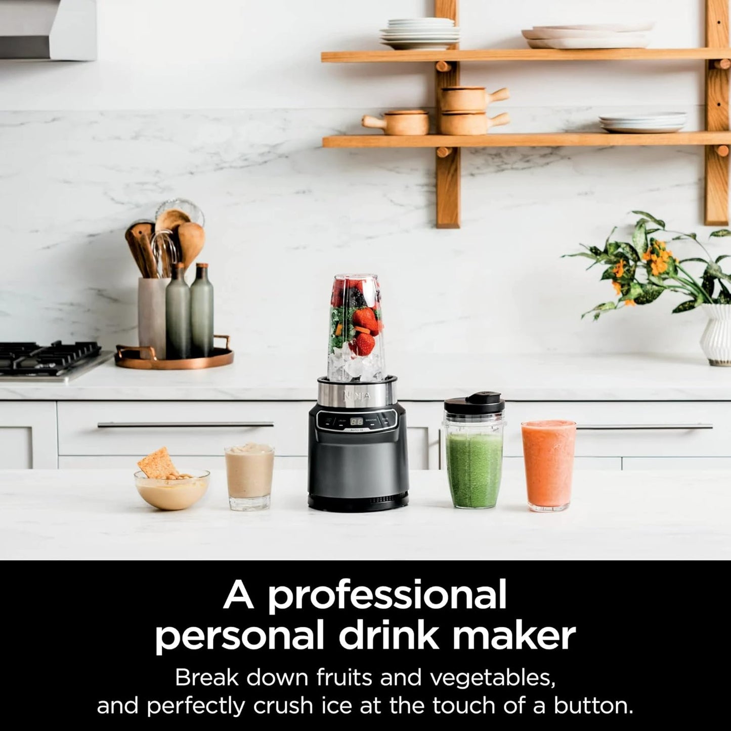 Ninja BN400 Nutri Pro Compact Blender - 1000W Auto-iQ for Smoothies & Frozen Drinks | 18oz & 24oz Cups, Stone Silver