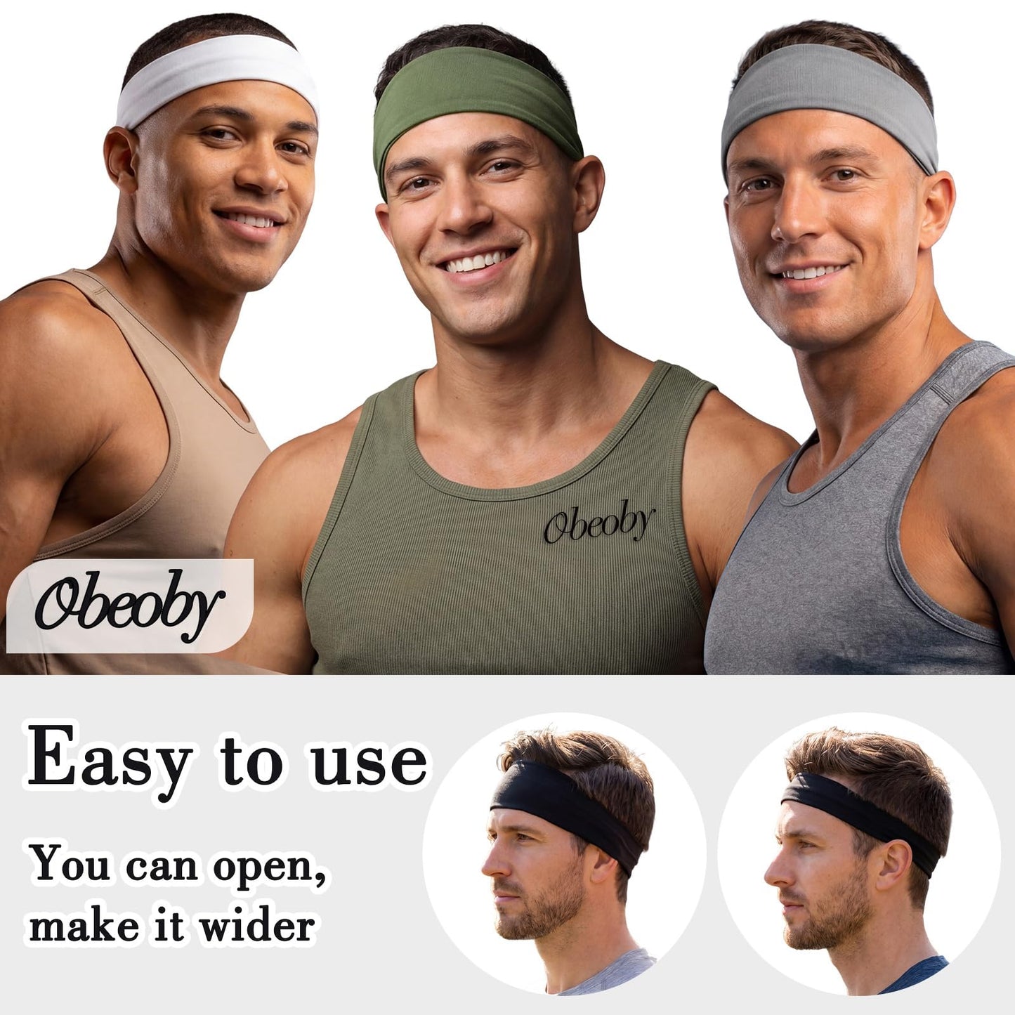 Obeoby 7 Pcs Headbands for Men, Soft Elastic Sports Sweatbands - Non Slip Moisture Wicking Bandanas Hair Band Head Wrap and Running Accessories for Gym Workout, Football, Yoga and Daily Athletic Use