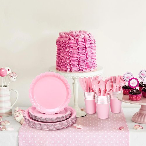 168 Pcs Pink Paper Plates and Napkins, Light Pink Party Supplies Include Scalloped Plate Napkins Cups Forks Knives Disposable Plastic Cutlery for Xmas Dinner Plates Table Decorations