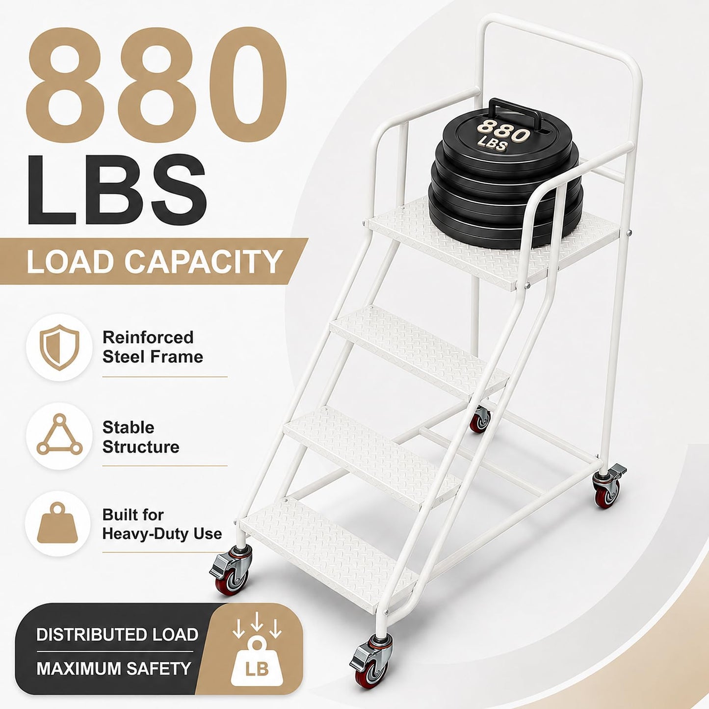 4 Step Rolling Ladder with Handrails, 880 lbs Capacity Heavy Duty Steel Mobile Warehouse Ladder with Locking Wheels, Non-Slip Rolling Stairs with Large Platform for Garage, Stockroom, Library