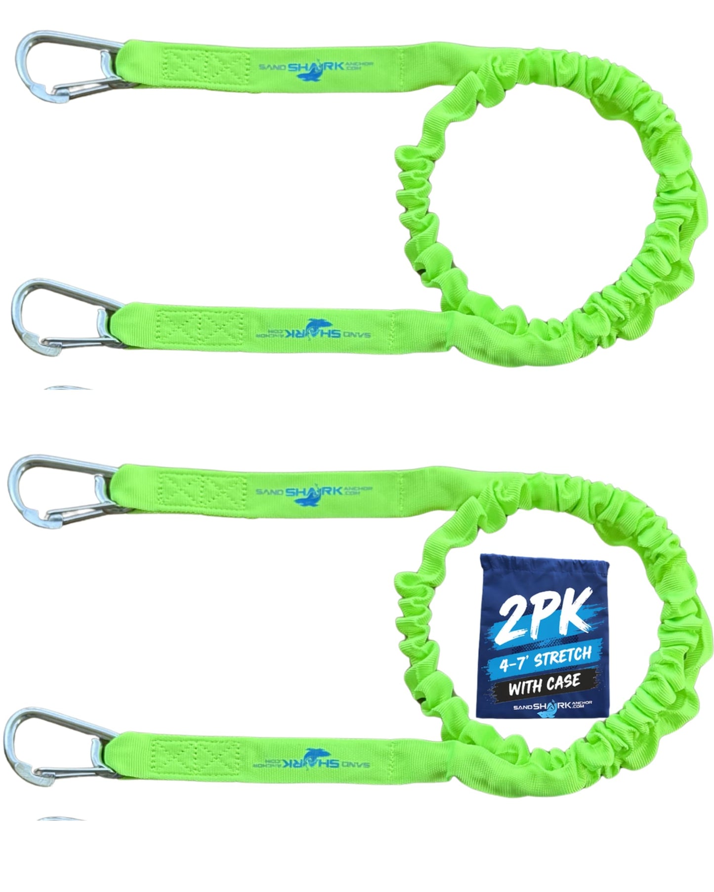 SandShark Premium Flat Bungee Dock Line – Stretches 4-7 FT - Boat & Jet Ski Dock Lines with Stainless Steel Carabiners – Shock Absorbing Mooring Rope for PWC, Boats & Pontoons. Neon Green