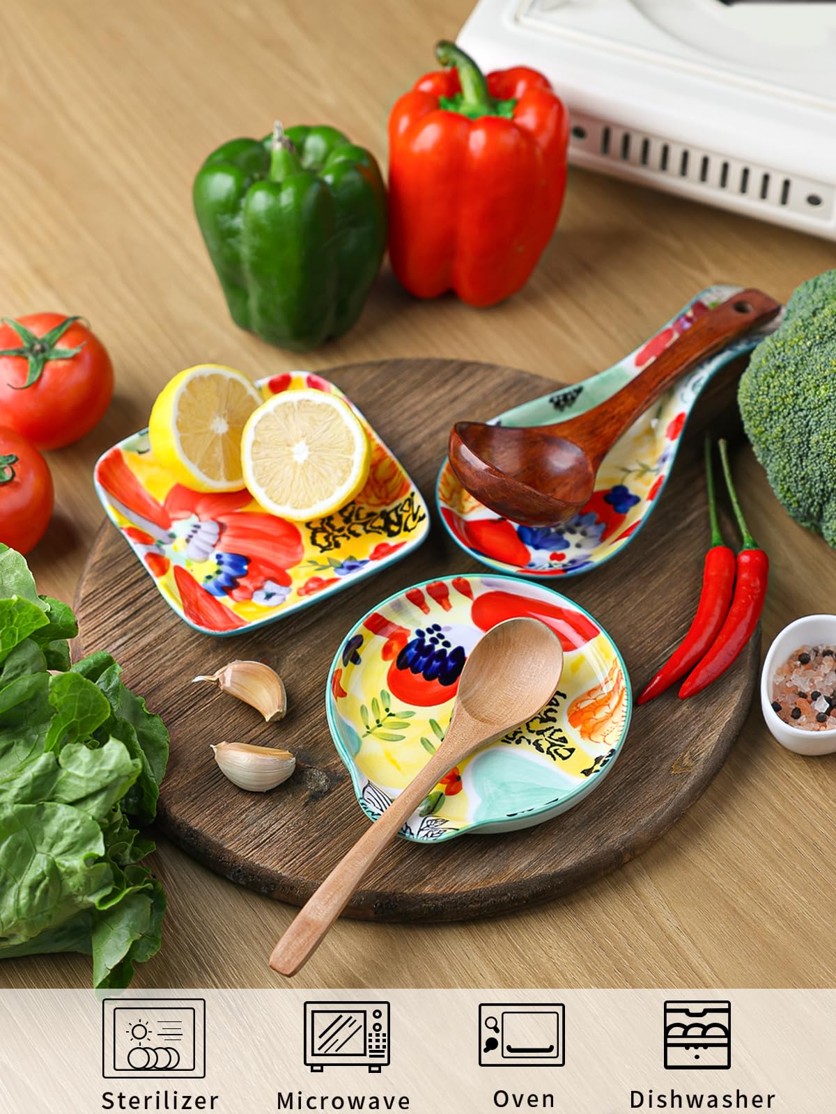 Colorful Hand Painted Spoon Rest 4.75 Inches Ceramic Spoon Holder for Kitchen Counter Stove Top, Dishwasher Safe, Multicolor