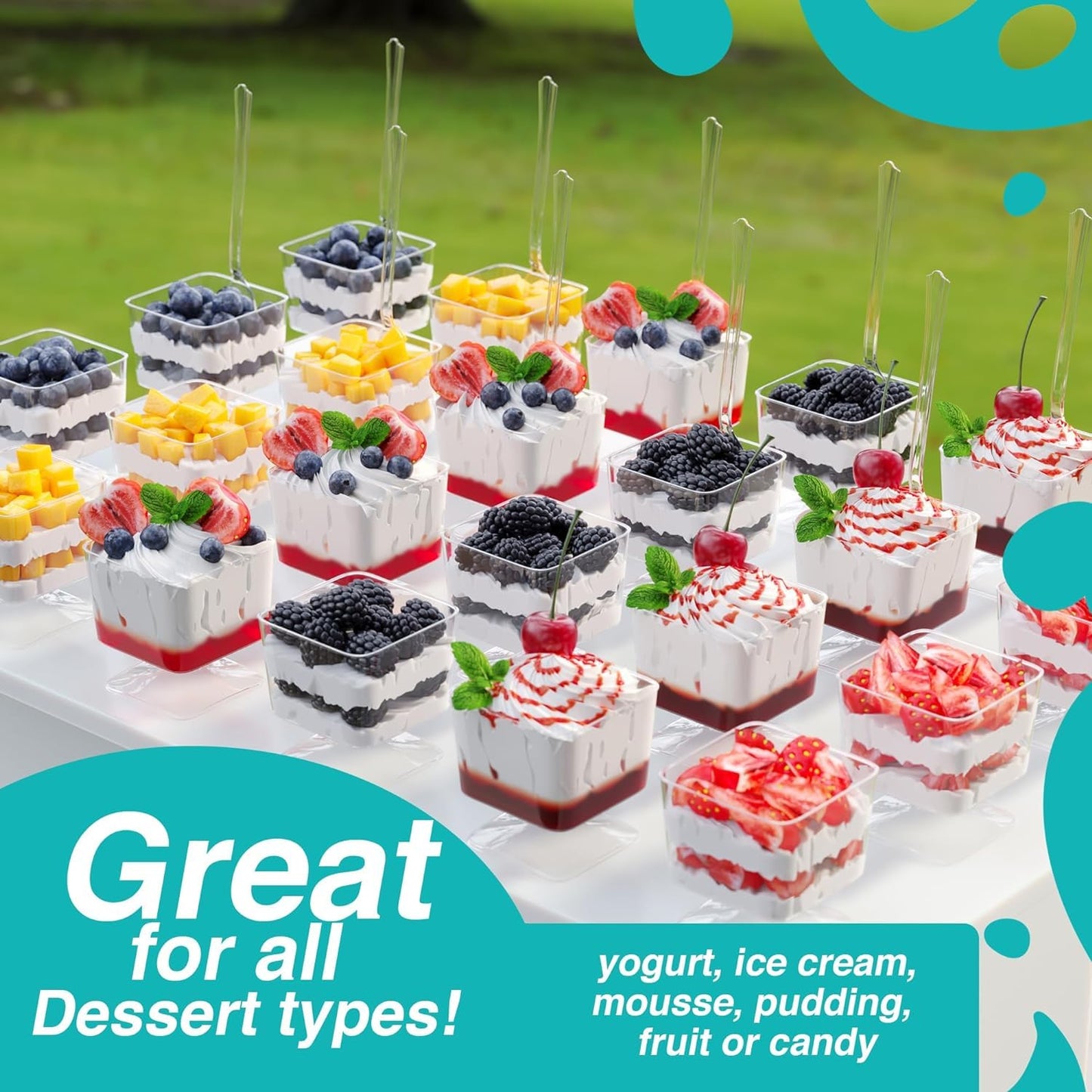 Exquisite Mini Dessert Cups With Spoons 200 Pcs - 2 Oz Square Clear Plastic Pudding Cups Disposable With Tasting Spoons 100 Sets | Mini Parfait Cup | Appetizer Cup For Party & Events
