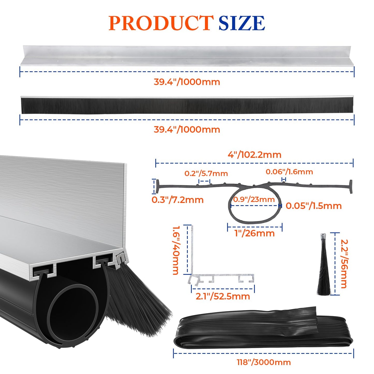 ‌POWLAB Universal Garage Door Seals Kit -10FT EPDM U+O Bottom Rubber Weatherproof Seal & Brush, Pre-Drilled Aluminum Track Retainer Base Kit for Steel/Wooden Doors, Noise Reducing