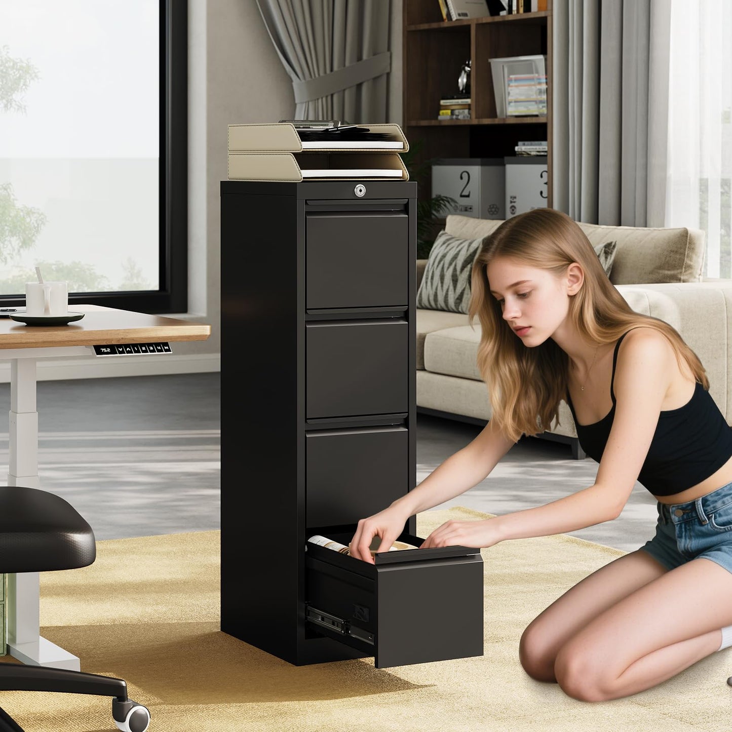 4 Drawer Vertical File Cabinet, Cold-Rolled Steel Locking Filing Cabinet with Anti-Tilt System, 330 Lbs Weight Capacity, Powder Coated Black, for Letter/Legal/A4/F4 Files, Home Office Commercial Use