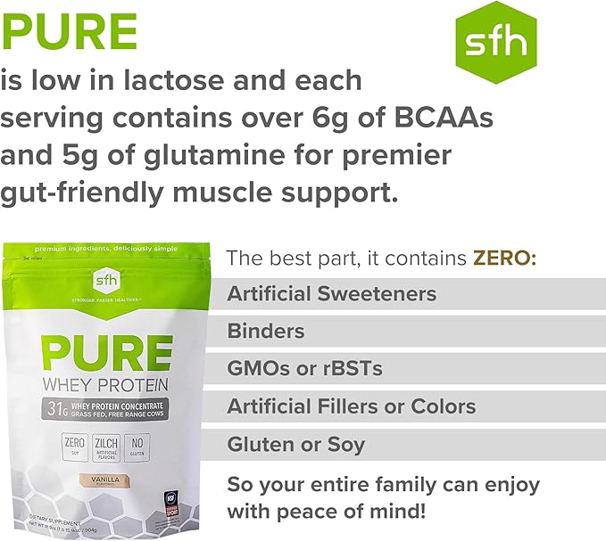 SFH Pure Whey Protein Powder (Vanilla) Best Tastin Grass Fed Whey | All Natural | Non-GMO, No Artificials, Soy Free, Gluten Free | (Vanilla, 31.9 Ounce (Pack of 1)