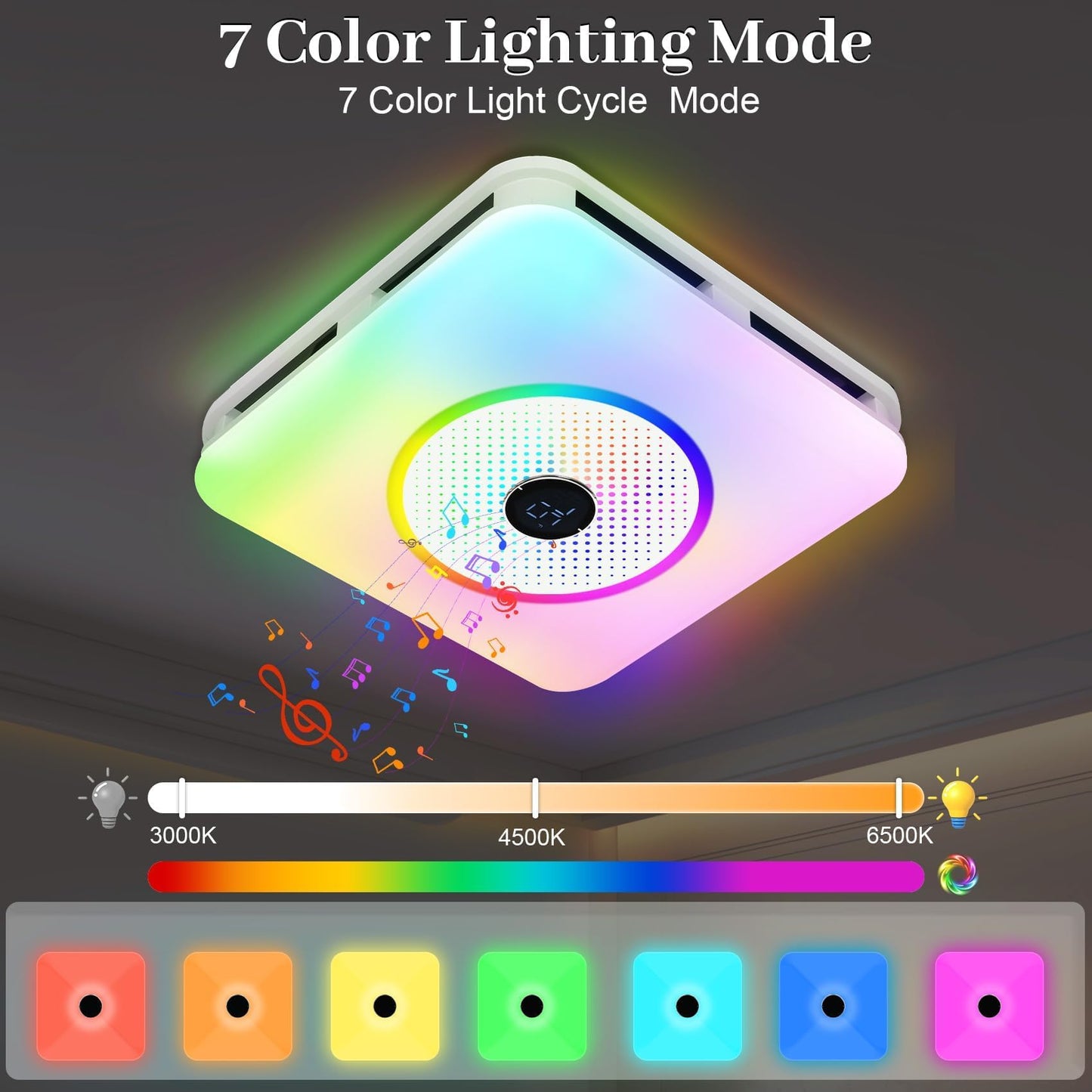 Orsong Bathroom Exhaust Fan with Bluetooth Speaker, 7 Dynamic RGB Lighting, 3000K-6000K Adjustable LED Lighting, Precise Algorithm Enables Seamless Dance Between Light And Music