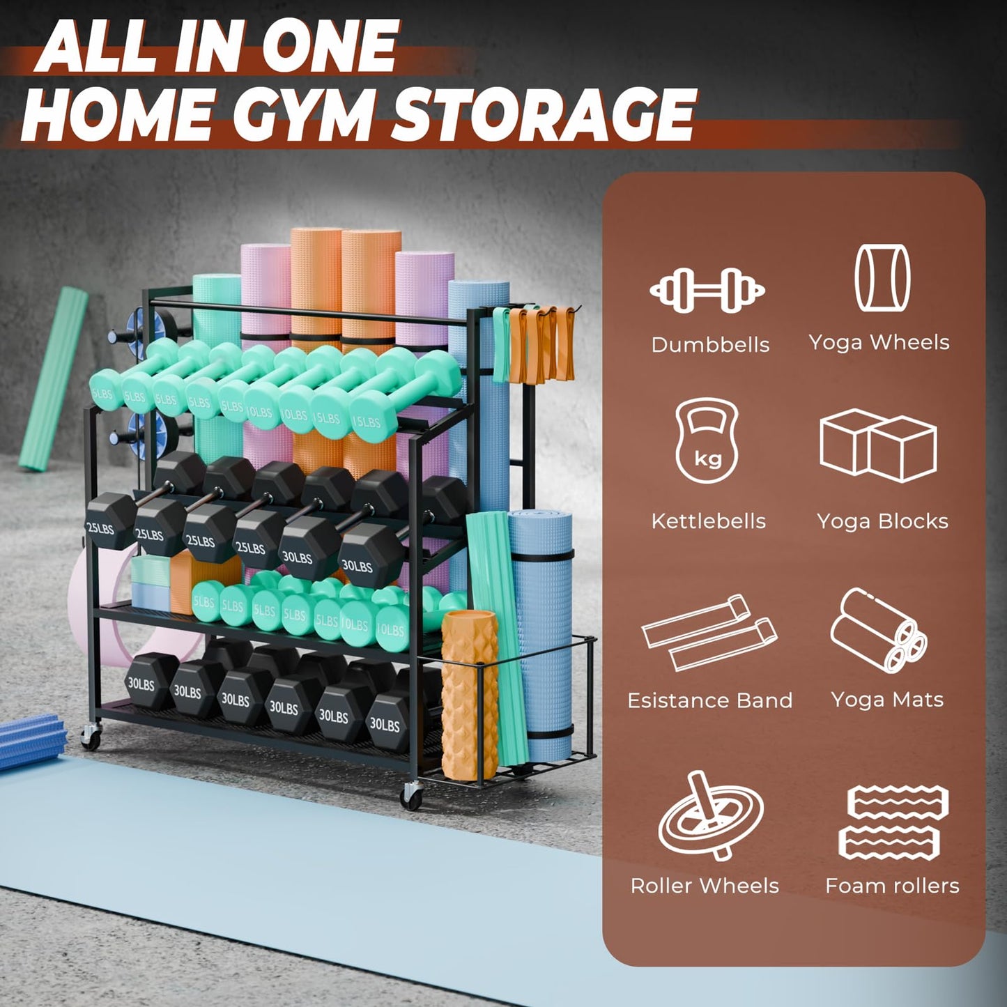XL Dumbbell Rack Weight Stand - Upgraded 4-Tier Adjustable Weight Rack for Dumbbells, Home Gym Storage Rack for Yoga Mat Kettlebells, Workout Equipment Storage Organizer With Wheels and Hooks