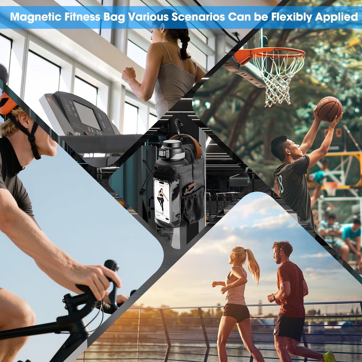 Nodfens Magnetic Gym Bag for Men and Women, Upgraded Small Gym Bag with Hook and Clear Design Phone, Magnetic Water Bottle Holder with Adjustable Strap