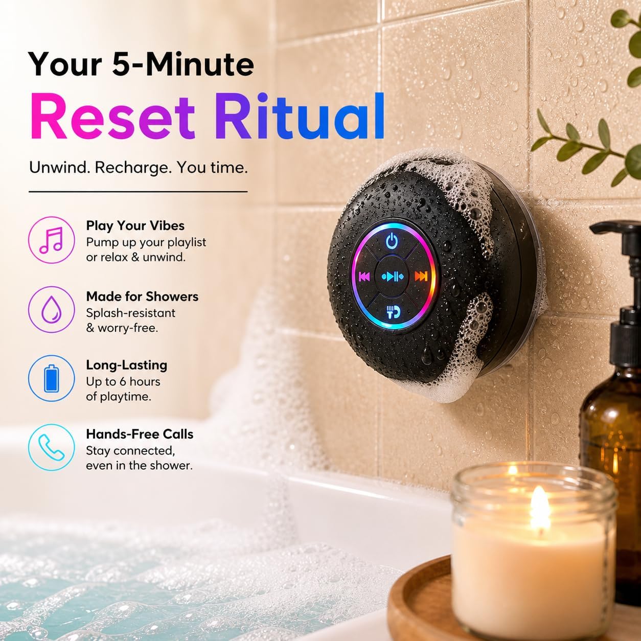Luzsco IPX4 Bluetooth Shower Speaker with LED Portable Wireless Mini Speaker with Mic & Suction Cup, Water Resistant