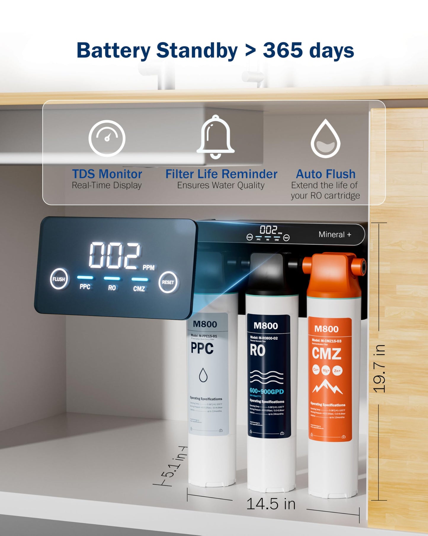 Frizzlife M800 Non-Electric Tankless Reverse Osmosis Water Filter, up to 900GPD Alkaline Mineralized RO Water Filtration System, Huge Filter with Auto Flush, NSF/ANSI 58&372, 4:1 Pure to Drain