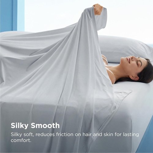 Bedsure Silver Infused Bed Sheets - Cooling Sheets for Hot Sleepers | Ultra Soft Queen Set, Light Grey, 4 Pieces