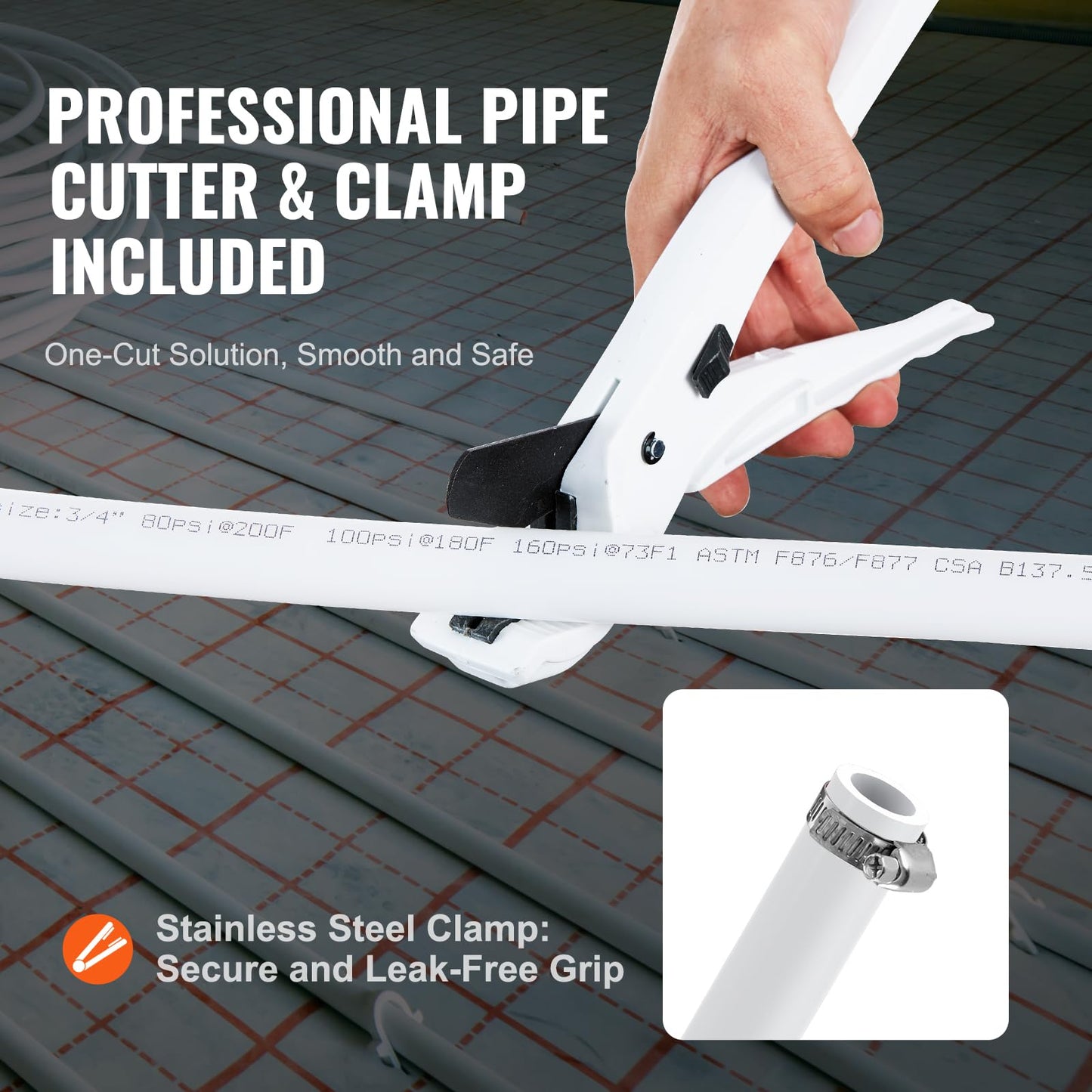 VEVOR PEX Pipe 3/4 Inch, 500 Feet Non-Oxygen Barrier PEX-B Flexible Pipe Tubing for Potable Water, for Hot/Cold Water & Easily Restore, Plumbing Applications with Free Cutter & Clamps,White
