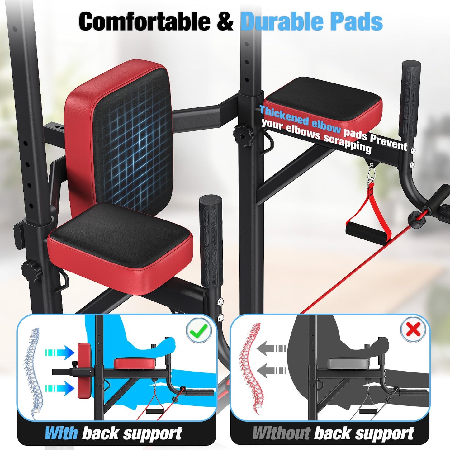 Dskeuzeew Pull Up Bar Free Standing for Multi-Function Home Gym Strength, Pull Up Dip Station Assistive Trainer Height Adjustable with Elastic Ropes, Power Tower Training Heavy-Duty Fitness Equipment