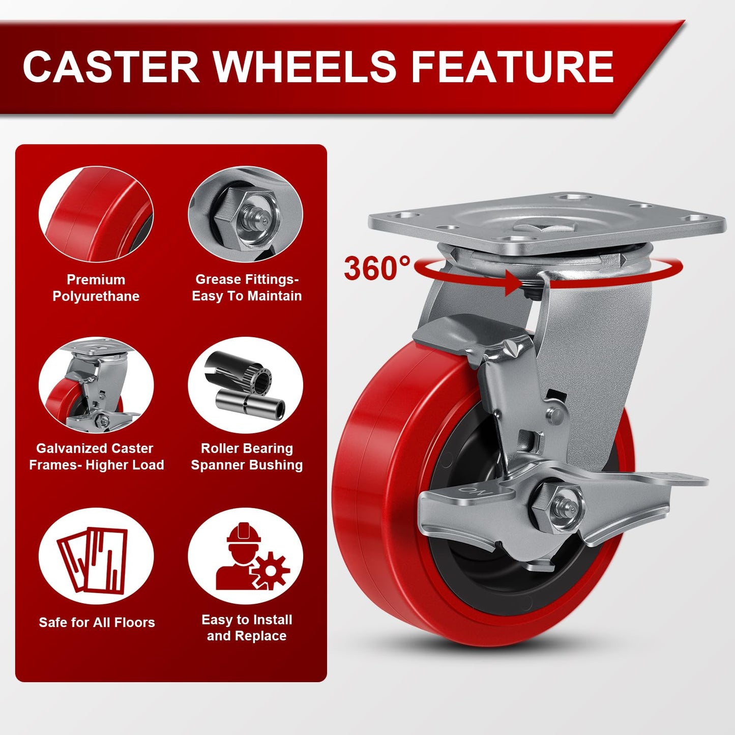 5 Inch Caster Wheels, Polyurethane on Polyolefin Core Wheel- Capacity up to 1000 Lbs Per, Use for Platform Truck, Industrial Equipment (1 Brake)