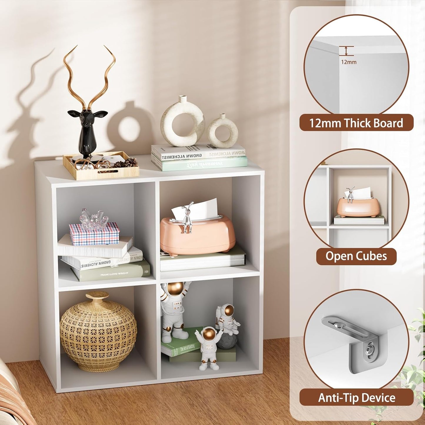 Skiennix 4-Cube Storage Organizer - Stylish Freestanding Bookcase for Bedroom & Home Office | White