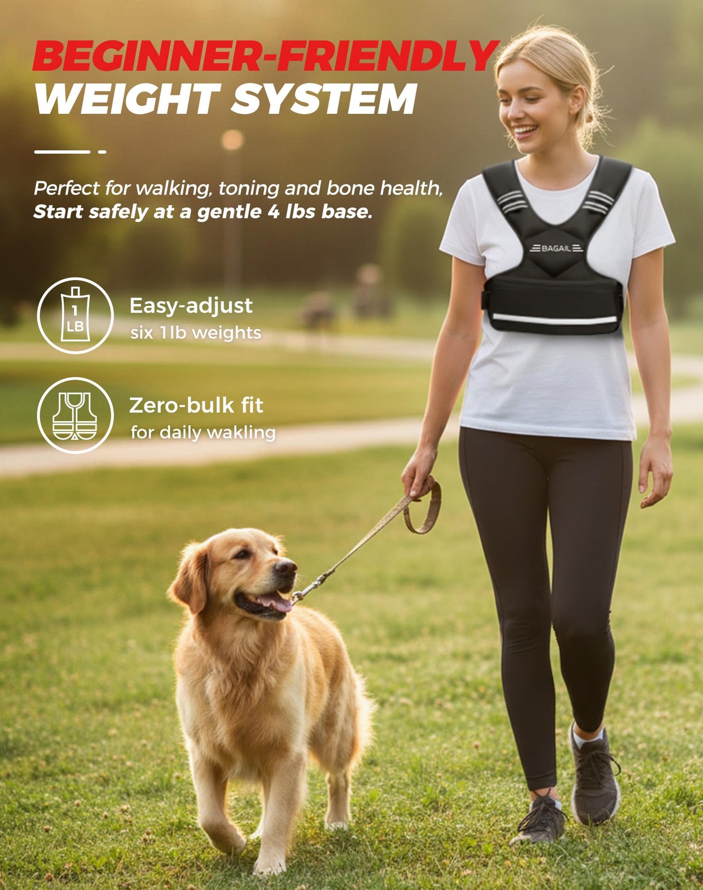 BAGAIL Adjustable Weighted Vest for Women 4-10lb, Comfortable U-Neck Rucking Vest with 6 Removable Weights, Storage Pocket and Reflective Strips for Walking, Jogging, Weight Loss & Home Workouts
