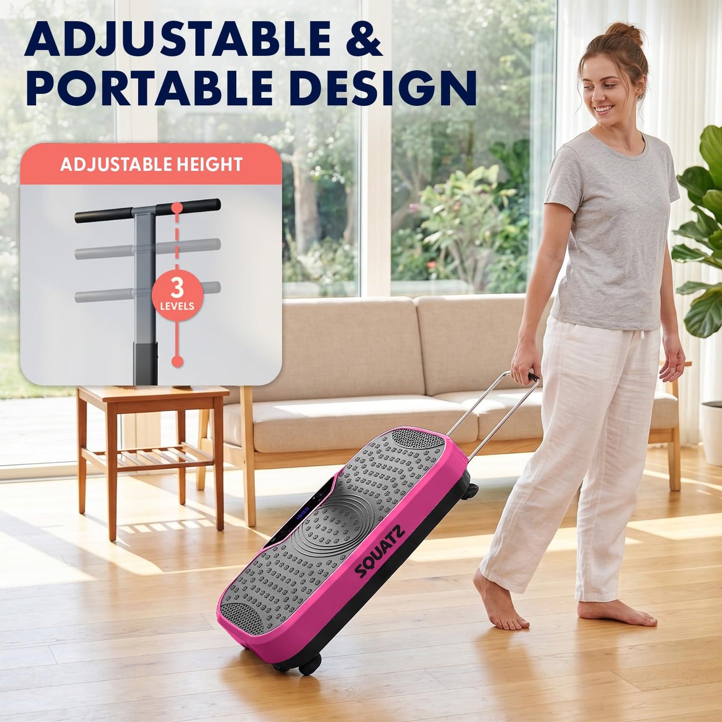 SQUATZ Vibration Plate Exercise Machine with Handlebar, Vibration Plate with Handles, 1-99 Speed Levels, 10 Preset Programs, Low-Impact Home Fitness Platform with Remote, Portable Design, Pink