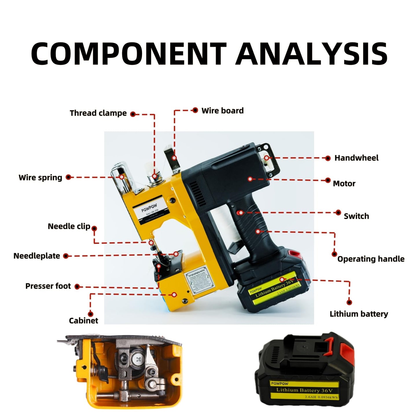 Bag Sewing Machine, 2s/bag Portable Bag Sewing Machine, Industrial Bag Closing Machine for Packing Woven Bags Non-woven Fabrics Leather (Yellow, Lithium Battery - 36V)