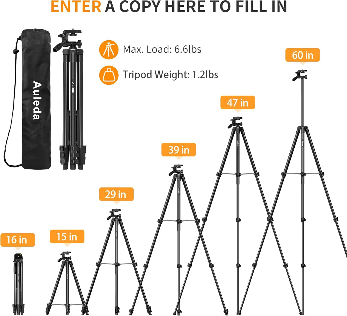 Auleda 60 6.6 LB Camera Tripod Lightweight Travel Tripod Stand Compatible with Canon Nikon DSLR Cameras with Wireless