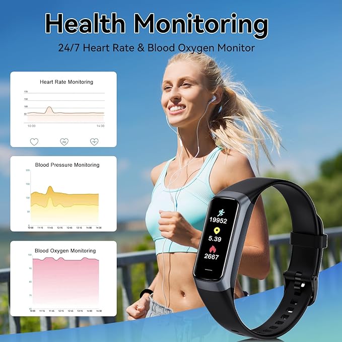 Fitness Tracker with 24/7 Heart Rate, Blood Oxygen Blood Pressure Sleep Monitor, Activity Trackers 5 ATM Waterproof,Step Calorie Counter Pedometer Health Smart Watch for Women Men (Dark)