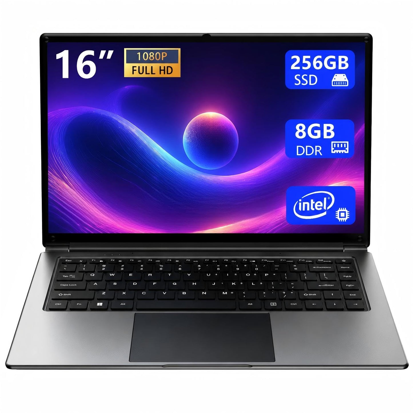 Laptop 16-inch , 8GB DDR 256GB SSD portable laptop computer, expandable to 1TB, Pentium quad-core CPU up to 2.64 GHz, 9000mAh battery, interface, USB3.0 interface, dual-band WiFi, webcam, slim laptops
