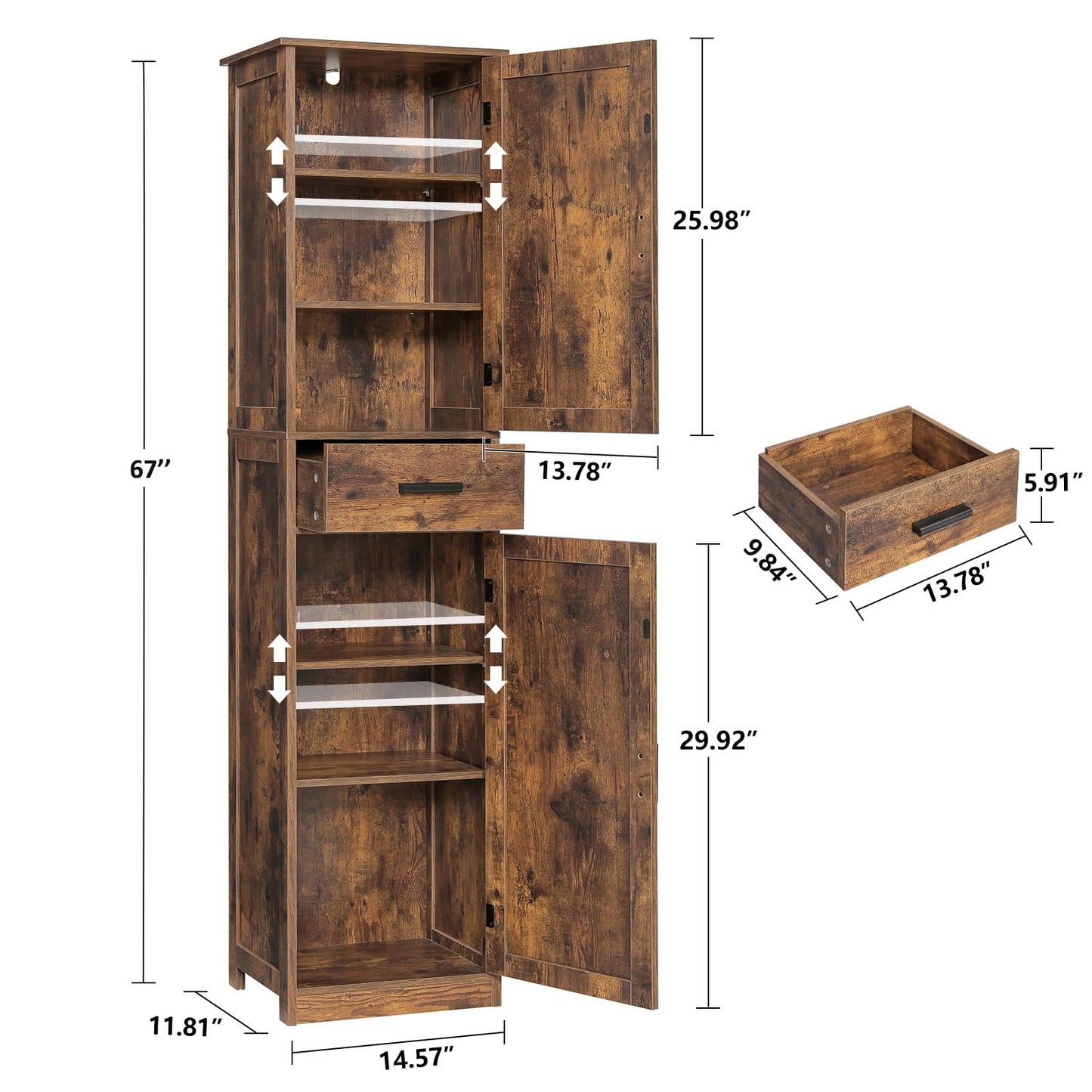 usikey 67'' Tall Storage Cabinet with Adjustable Shelves & 2 Doors, Bathroom Cabinet with 1 Drawer, Narrow Tall Cabinets for Living Room, Home Office, Rustic Brown UNSNG040F